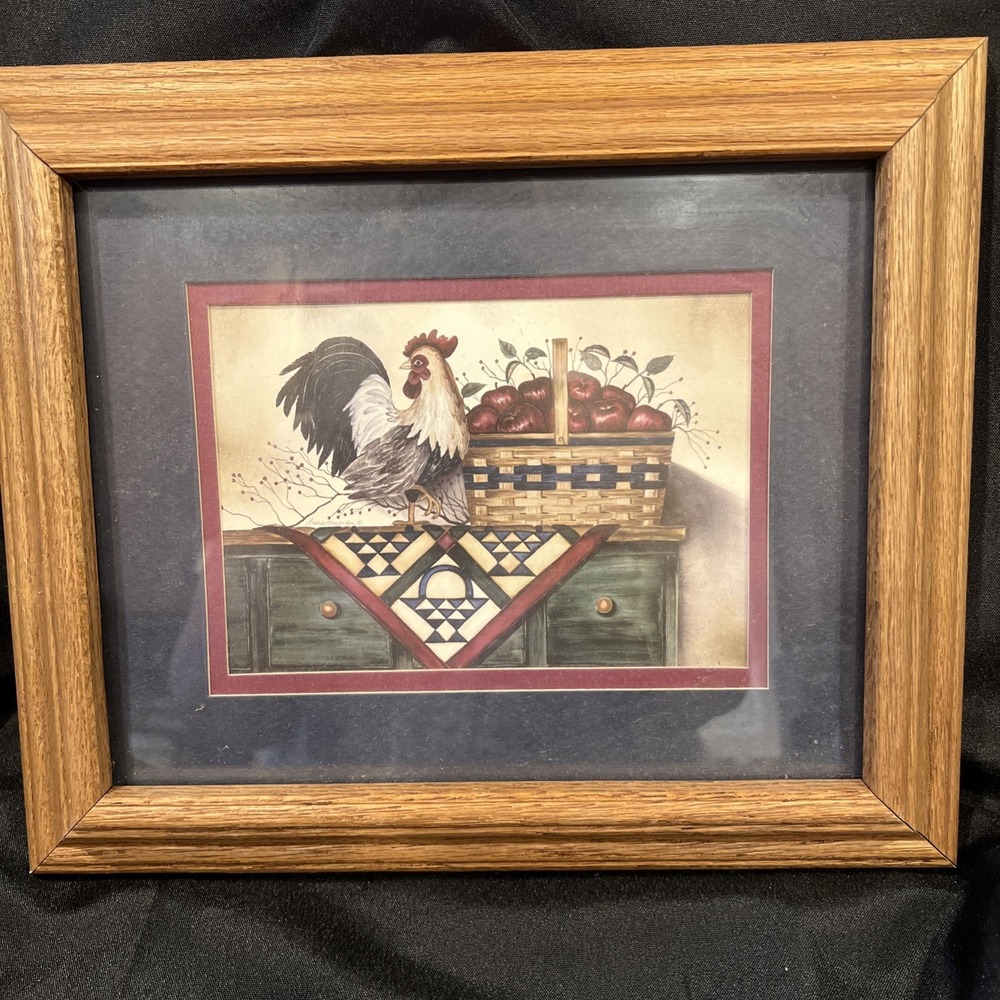 Vintage ROOSTER PICTURE  Apple‎ BASKET  Farmhouse KORSGADEN MATTED FRAMED 8X10